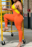 Orange Sexy Casual Solid Patchwork Backless One Shoulder Skinny Jumpsuits
