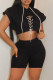 Black Fashion Casual Solid Bandage Hooded Collar Short Sleeve Two Pieces