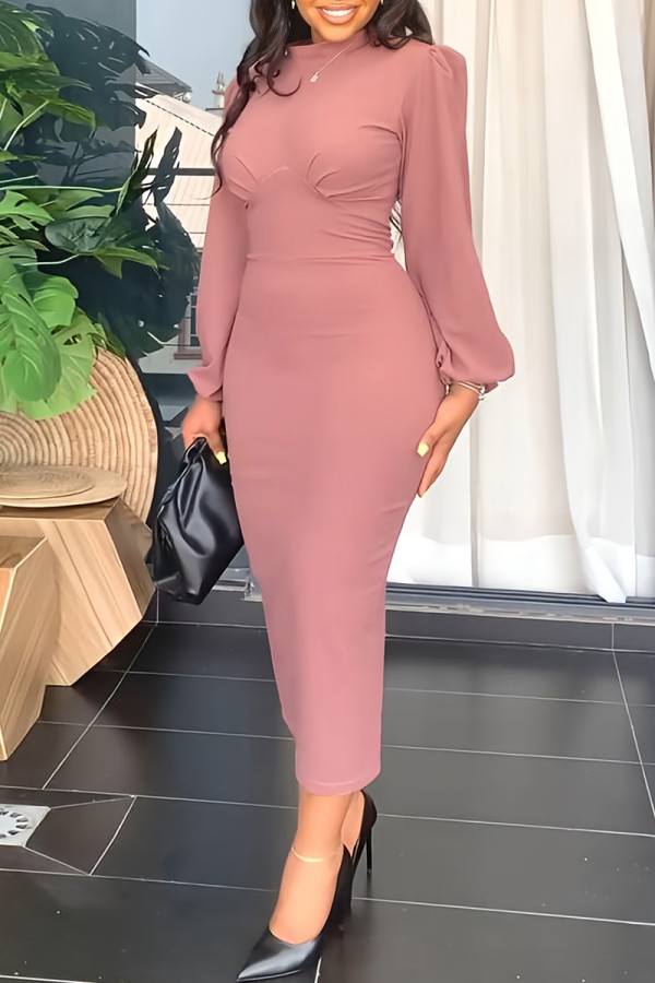 Pink Fashion Casual Solid Patchwork O Neck Long Sleeve Dresses