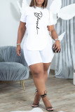 Blue Fashion Casual Print Bandage O Neck Short Sleeve Two Pieces