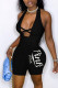 Black Sexy Print Hollowed Out Patchwork Backless Halter Regular Rompers