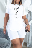 Blue Fashion Casual Print Bandage O Neck Short Sleeve Two Pieces