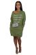 Army Green adult Casual Fashion Cap Sleeve Long Sleeves V Neck Lantern skirt Knee-Length Patchwork Embro