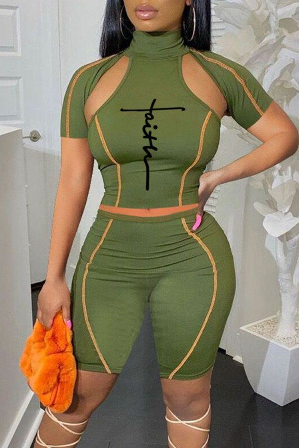Green Sexy Print Hollowed Out Patchwork Turtleneck Short Sleeve Two Pieces