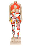 Orange Fashion Sexy Print Bandage Hollowed Out Backless Halter Plus Size Two Pieces