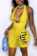Yellow Sexy Print Hollowed Out Patchwork Backless Halter Regular Rompers