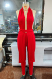 Red Fashion Sexy Solid Patchwork Backless Halter Sleeveless Two Pieces