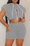 Pink Fashion Casual Solid Bandage Hooded Collar Short Sleeve Two Pieces