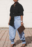 Light Blue Fashion Casual Solid Basic Turndown Collar Denim Shirt Tops