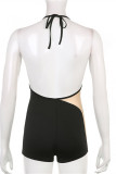 Black Fashion Sexy Patchwork Bandage See-through Backless Spaghetti Strap Skinny Romper