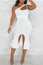 White Sexy Solid Hollowed Out Backless Slit One Shoulder Evening Dress