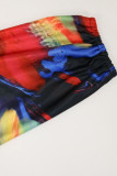 Blue Sexy Print Patchwork V Neck Long Sleeve Two Pieces