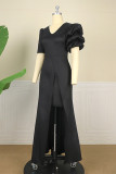 Black Fashion Casual Solid Patchwork Slit Asymmetrical V Neck Evening Dress