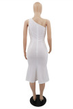 White Sexy Solid Hollowed Out Backless Slit One Shoulder Evening Dress