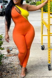 Orange Sexy Casual Solid Patchwork Backless One Shoulder Skinny Jumpsuits