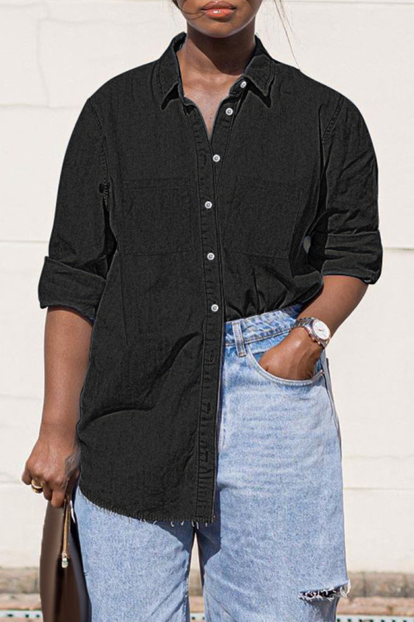 Black Fashion Casual Solid Basic Turndown Collar Denim Shirt Tops