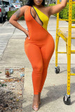 Orange Sexy Casual Solid Patchwork Backless One Shoulder Skinny Jumpsuits
