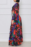 Colour Sexy Print Bandage Patchwork V Neck Long Sleeve Two Pieces
