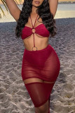 Red Fashion Sexy Solid Hollowed Out Patchwork Backless Halter Sleeveless Dress Dresses