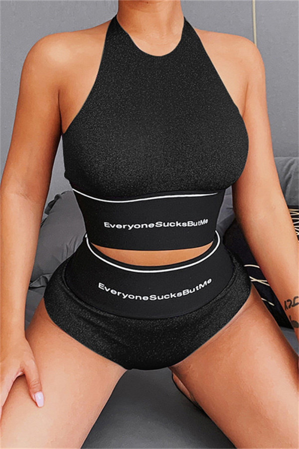 Black Fashion Casual Letter Print Patchwork O Neck Sleeveless Two Pieces