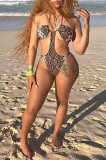 Multicolor Fashion Sexy Print Leopard Patchwork Backless Swimwears (Without Paddings)