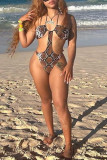 Multicolor Fashion Sexy Print Leopard Patchwork Backless Swimwears (Without Paddings)