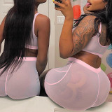 Pink Fashion Sexy Solid See-through U Neck Sleeveless Two Pieces