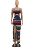 Pink Sexy Striped Print Hollowed Out Patchwork Cardigan Spaghetti Strap Sling Dress Dresses