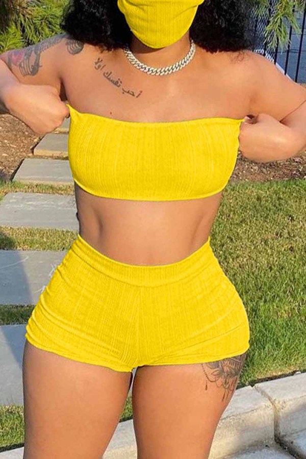 Yellow Fashion Sexy Solid Backless Strapless Sleeveless Two Pieces