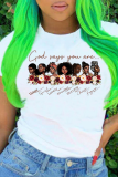 White Daily Vintage Print Patchwork Letter O Neck T-Shirts