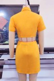 Yellow Fashion Sexy Solid Buttons Turndown Collar Short Sleeve Two Pieces