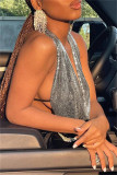 Silver Fashion Sexy Solid Patchwork Backless Asymmetrical Halter Tops