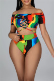 Multicolor Fashion Sexy Print Bandage Backless Swimwears (With Paddings)