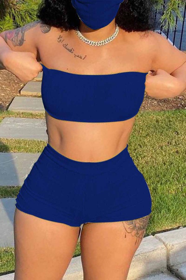 Blue Fashion Sexy Solid Backless Strapless Sleeveless Two Pieces