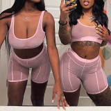 Pink Fashion Sexy Solid See-through U Neck Sleeveless Two Pieces