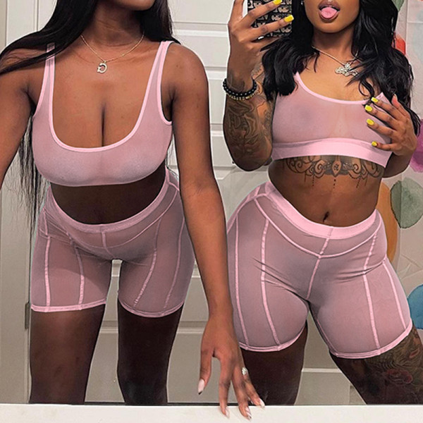 Pink Fashion Sexy Solid See-through U Neck Sleeveless Two Pieces