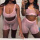 Pink Fashion Sexy Solid See-through U Neck Sleeveless Two Pieces