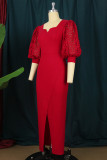 Red Fashion Casual Solid Patchwork Slit V Neck Evening Dress Dresses