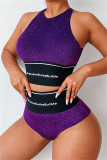 Purple Fashion Casual Letter Print Patchwork O Neck Sleeveless Two Pieces