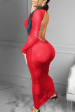 Red Sexy Solid Patchwork Backless Half A Turtleneck One Step Skirt Dresses