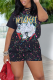 Black Casual Patchwork Tie-dye O Neck Short Sleeve Two Pieces