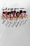 White Daily Vintage Print Patchwork Letter O Neck T-Shirts