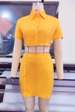 Yellow Fashion Sexy Solid Buttons Turndown Collar Short Sleeve Two Pieces