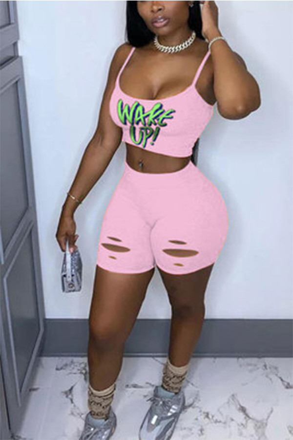 Pink Fashion Sexy adult Letter Patchwork Print Hole Burn-out Two Piece Suits Straight Sleeveless Two Pieces