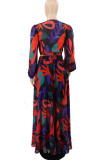 Colour Sexy Print Bandage Patchwork V Neck Long Sleeve Two Pieces