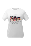 White Daily Vintage Print Patchwork Letter O Neck T-Shirts