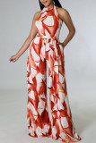 Red Casual Print Bandage Split Joint O Neck Straight Jumpsuits