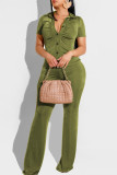 Black Casual Solid Patchwork Buckle Turndown Collar Short Sleeve Two Pieces