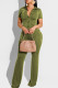Green Casual Solid Patchwork Buckle Turndown Collar Short Sleeve Two Pieces