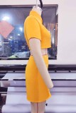 Yellow Fashion Sexy Solid Buttons Turndown Collar Short Sleeve Two Pieces